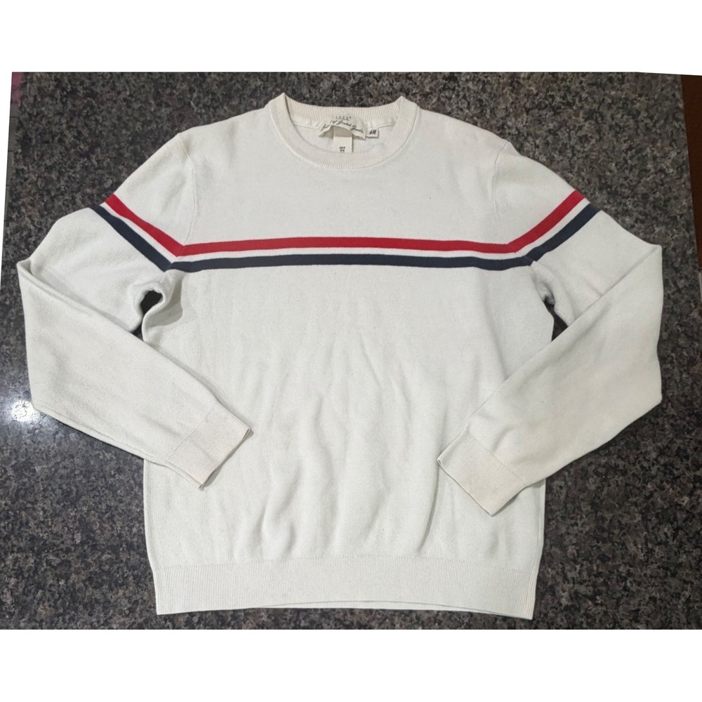 HM LOGG Cream‎ Cotton Knit Striped Sweater Womens Medium Red Navy Blue Nautical